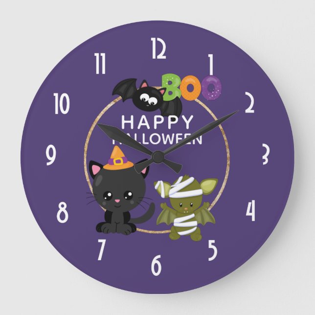Cute Halloween Cat, Fladdermus och Mummy Boo Stor Klocka (Framsida)