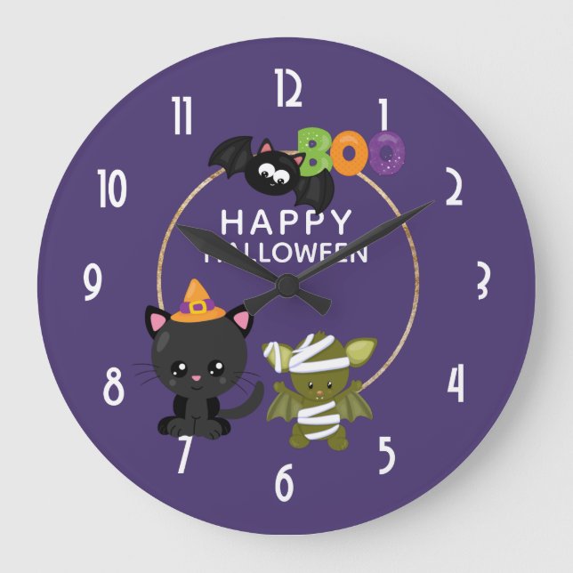 Cute Halloween Cat, Fladdermus och Mummy Boo Stor Klocka (Framsida)