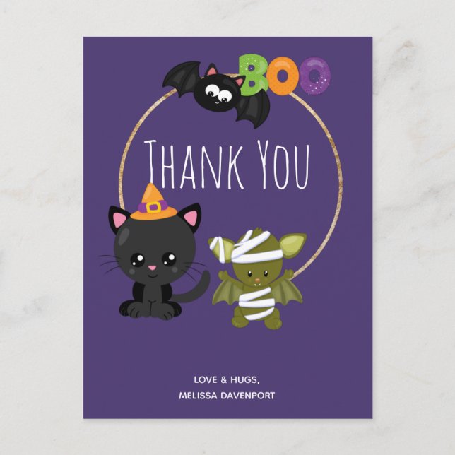 Cute Halloween Cat, Fladdermus och Mummy Boo Tack Vykort (Framsida)