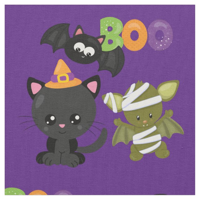 Cute Halloween Cat, Fladdermus och Mummy Boo Tyg (Närbild)