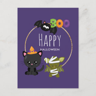 Cute Halloween Cat, Fladdermus och Mummy Boo Vykort