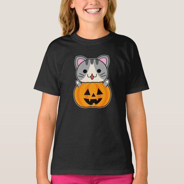 Cute Halloween Cat i Jack o lantern T Shirt (Framsida)