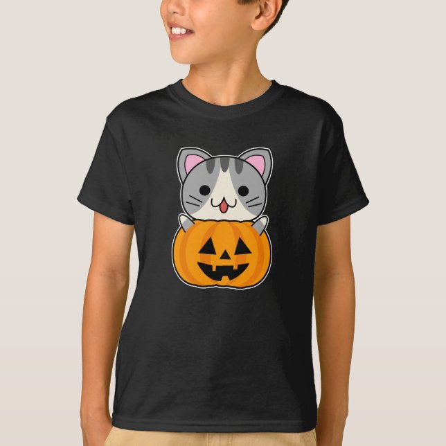Cute Halloween Cat i Jack o lantern T Shirt (Framsida)