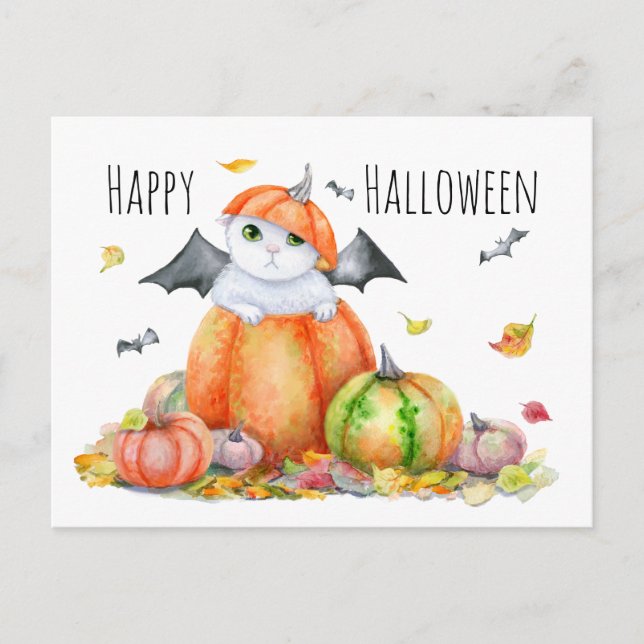 Cute Halloween Cat in Pumpkin Vykort (Framsida)