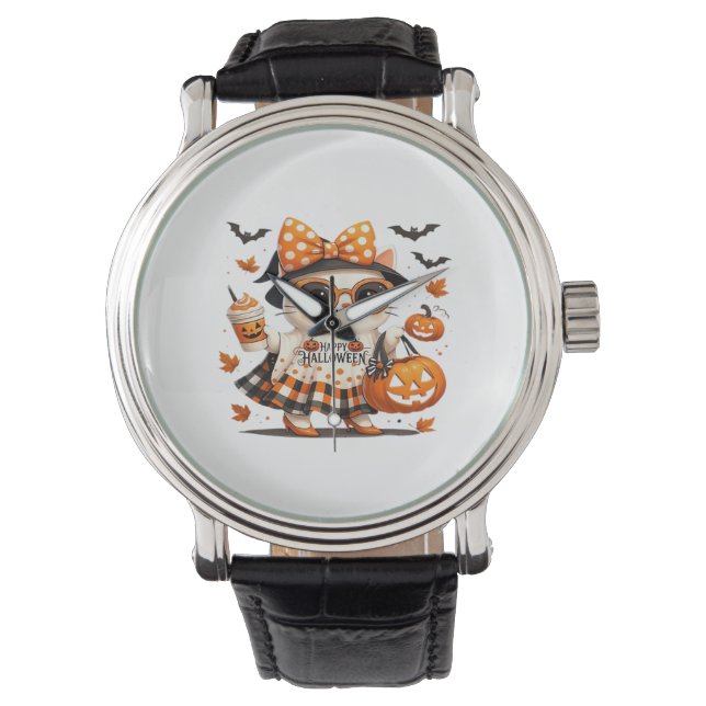 Cute Halloween Cat - Kawaii Witch Kattunge med Pum Armbandsur (Framsida)