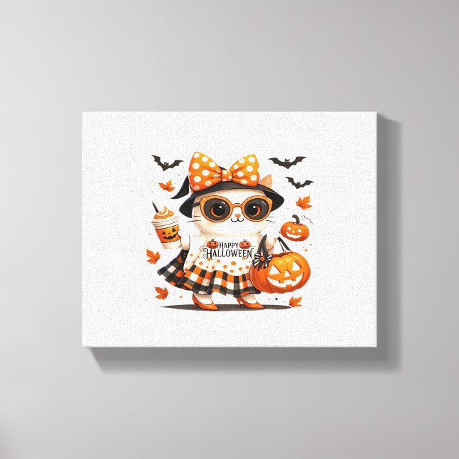 Cute Halloween Cat - Kawaii Witch Kattunge med Pum Canvastryck (Framsida)