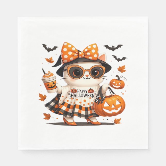 Cute Halloween Cat - Kawaii Witch Kattunge med Pum Pappersservett (Framsidan)