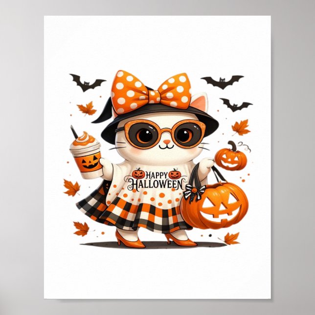 Cute Halloween Cat - Kawaii Witch Kattunge med Pum Poster (Framsidan)
