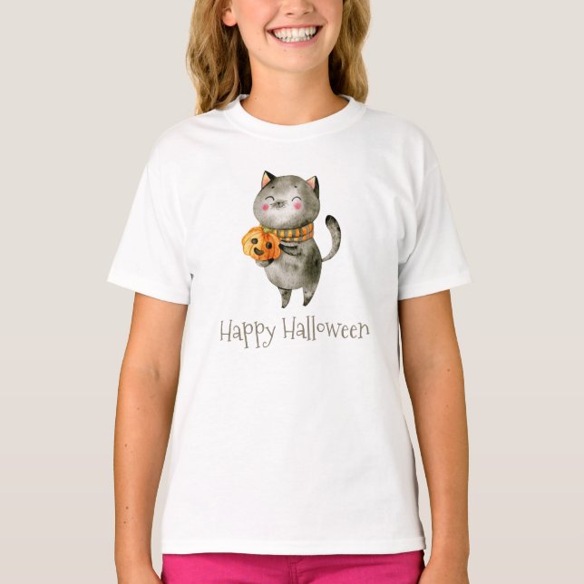 Cute Halloween Cat med Pumpkin Crew Shirt T Shirt (Framsida)