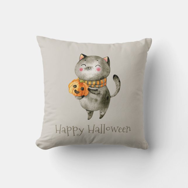 Cute Halloween Cat med Pumpkin | Dekorativ kudde (Framsida)