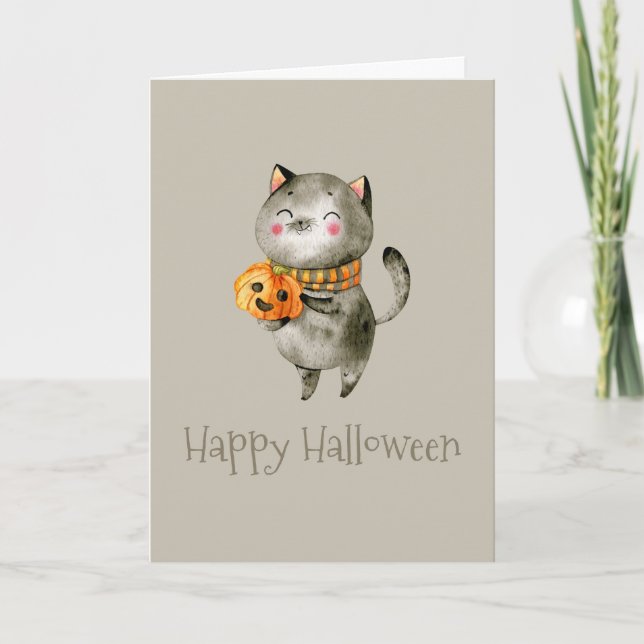 Cute Halloween Cat med Pumpkin | Kort för hälsning (Framsida)