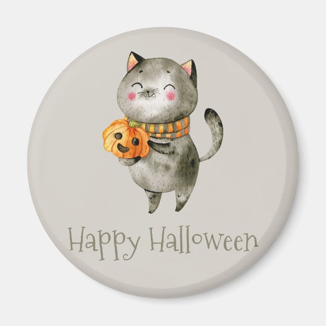 Cute Halloween Cat med Pumpkin | Magnet (Framsidan)