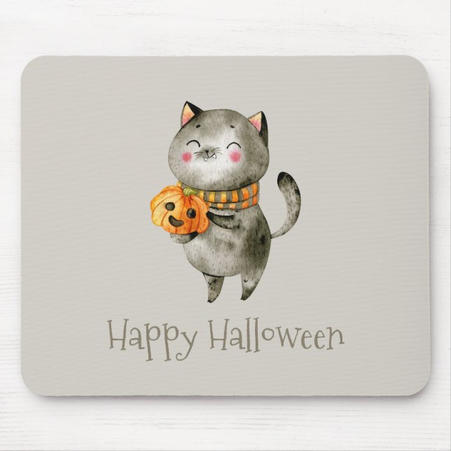 Cute Halloween Cat med Pumpkin | Mousepad Musmatta (Framsidan)