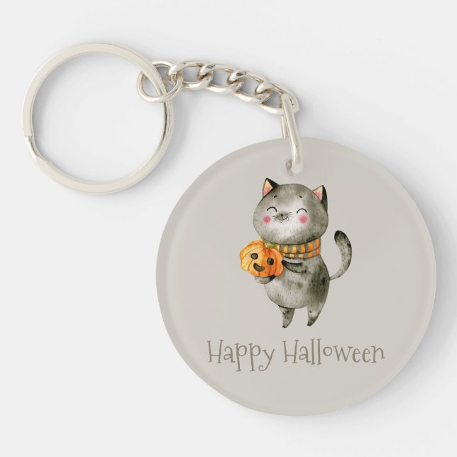 Cute Halloween Cat med Pumpkin | Nyckelkedja (Framsidan)