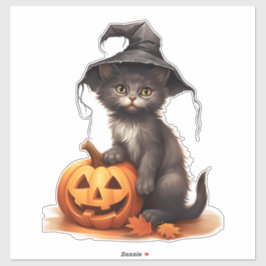 Cute Halloween Cat med Pumpkin och Höst löv Klistermärken