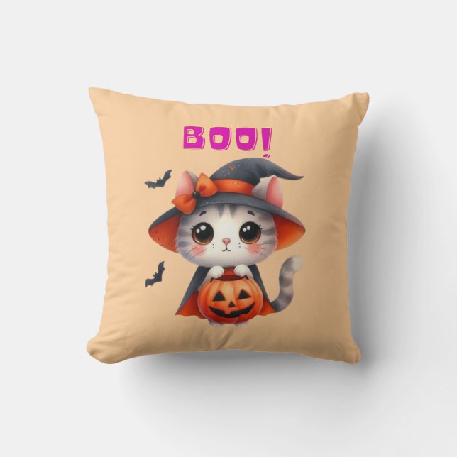 Cute Halloween Cat med Pumpkin och Witch Hat Deco Kudde (Framsida)
