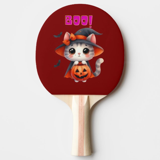 Cute Halloween Cat med Pumpkin och Witch Hat Deco Pingisracket (Framsidan)