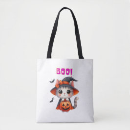 Cute Halloween Cat med Pumpkin och Witch Hat Deco Tygkasse