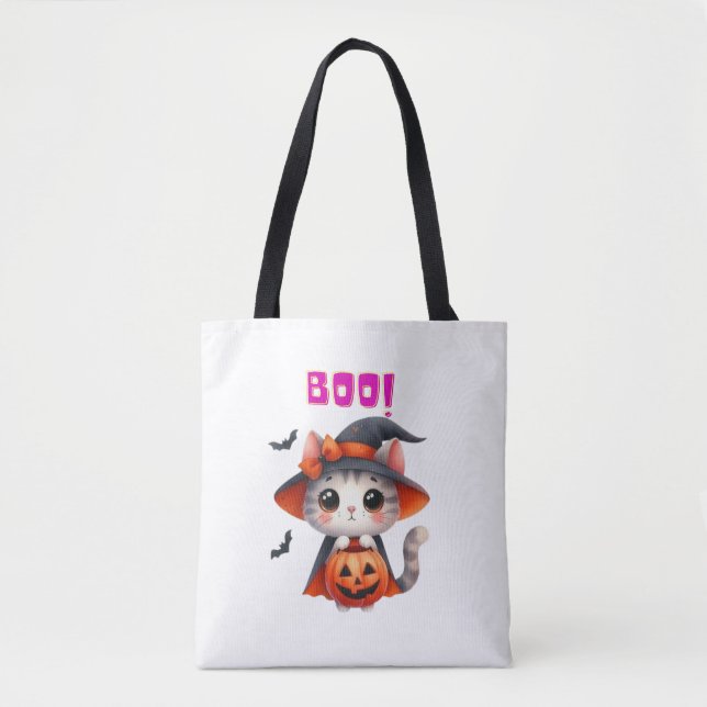 Cute Halloween Cat med Pumpkin och Witch Hat Deco Tygkasse (Framsida)