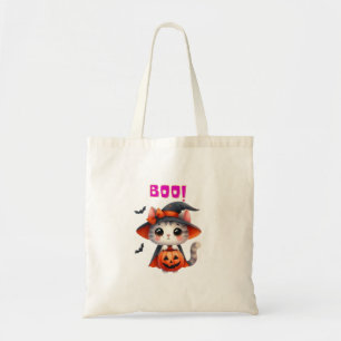 Cute Halloween Cat med Pumpkin och Witch Hat Deco Tygkasse