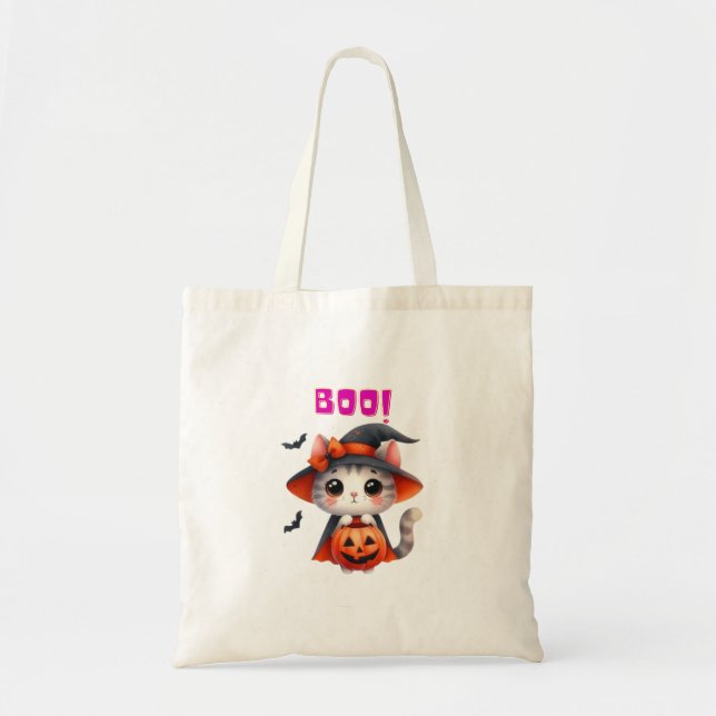 Cute Halloween Cat med Pumpkin och Witch Hat Deco Tygkasse (Framsidan)