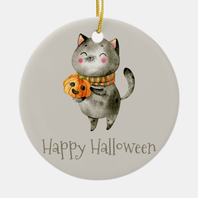 Cute Halloween Cat med Pumpkin | Ornament (Framsidan)