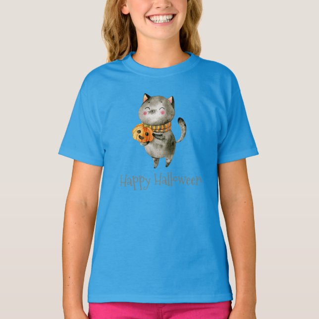 Cute Halloween Cat med Pumpkin Ringer Shirt T Shirt (Framsida)