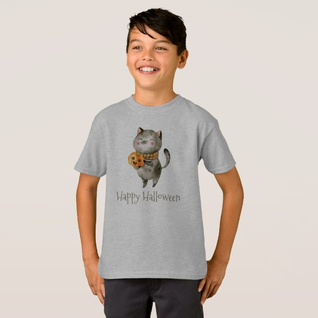 Cute Halloween Cat med Pumpkin | Shirt T Shirt (Hel framsida)