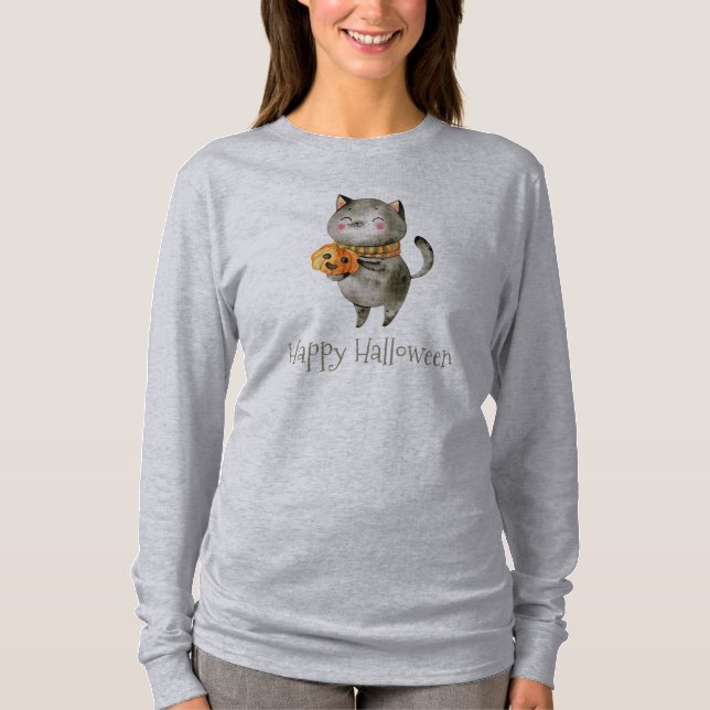 Cute Halloween Cat med Pumpkin Sleeve Shirt T (Framsida)