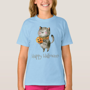 Cute Halloween Cat med Pumpkin Sleeve Shirt T