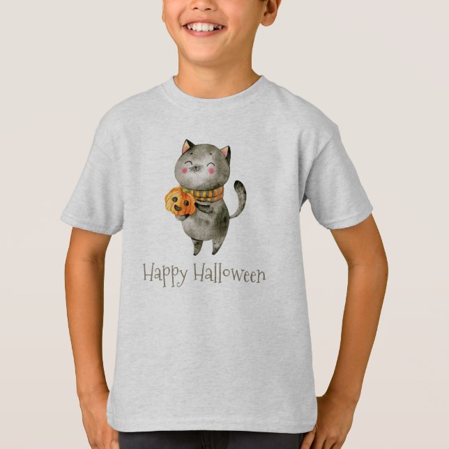 Cute Halloween Cat med Pumpkin Sleeve Shirt T Shirt (Framsida)