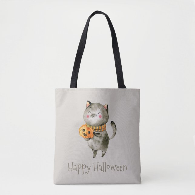 Cute Halloween Cat med Pumpkin | Tote Bag Tygkasse (Framsida)