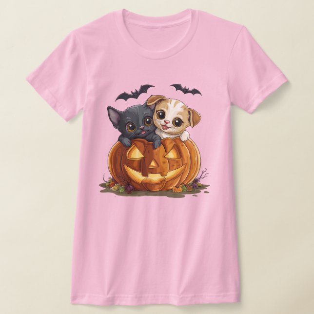 Cute Halloween Cat och Hund T-Shirt (Laydown)