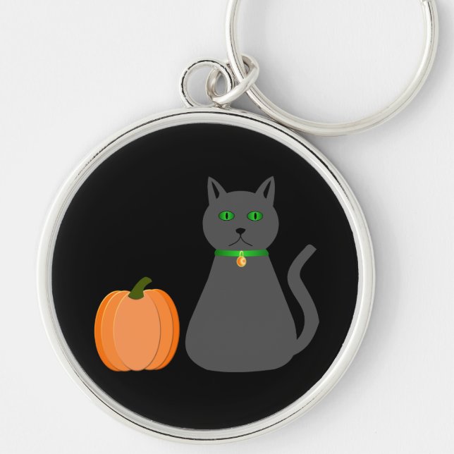 Cute Halloween Cat och Pumpkin Rund Silverfärgad Nyckelring (Framsidan)