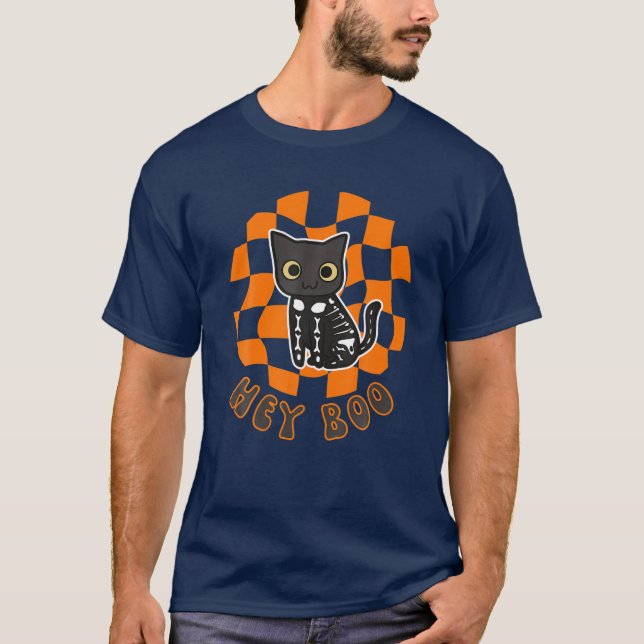 Cute Halloween Cat Skeleton Checkerboard Trick ell T Shirt (Framsida)