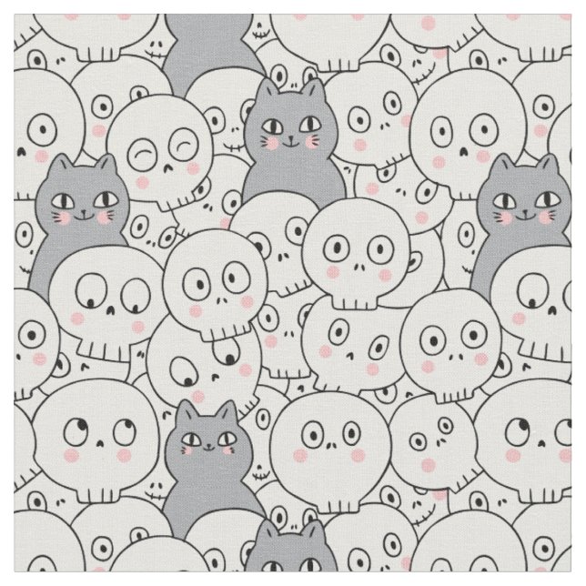 Cute Halloween Cat & Skeleton Mönster Tyg (Närbild)