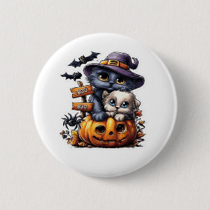Cute Halloween Cat Sticker - Witch Hat, Pumpkin an Knapp