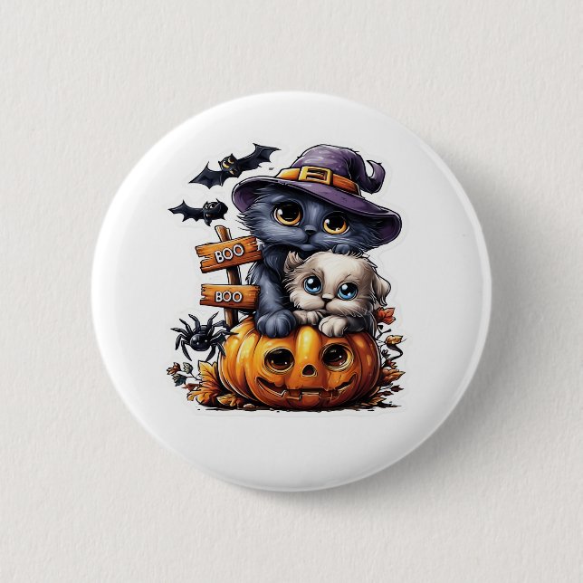 Cute Halloween Cat Sticker - Witch Hat, Pumpkin an Knapp (Framsida)