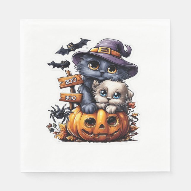 Cute Halloween Cat Sticker - Witch Hat, Pumpkin an Pappersservett (Framsidan)