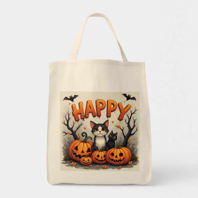 Cute Halloween Cat Tote Bag Tygkasse (Framsidan)