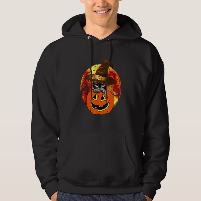 Cute Halloween Cat Witch Hat Pumpkin Scary Pet Moo Hoodie (Framsida)
