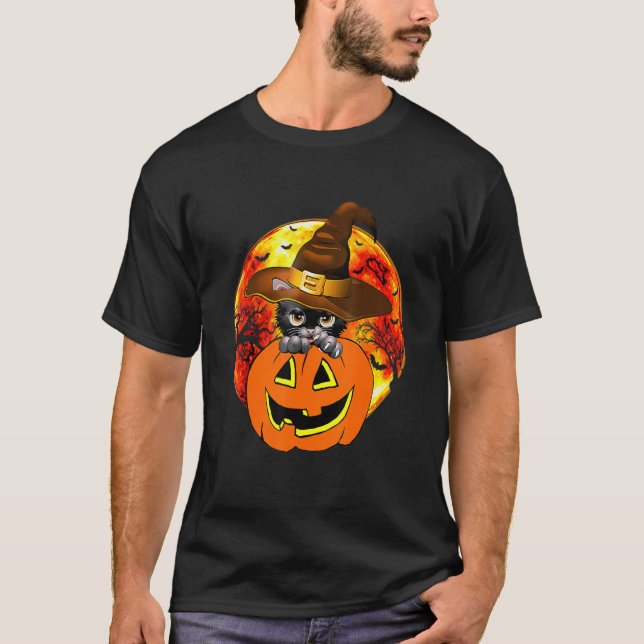 Cute Halloween Cat Witch Hat Pumpkin Scary Pet Moo T Shirt (Framsida)