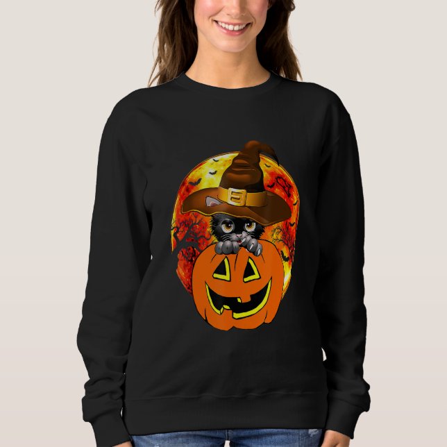 Cute Halloween Cat Witch Hat Pumpkin Scary Pet Moo T Shirt (Framsida)