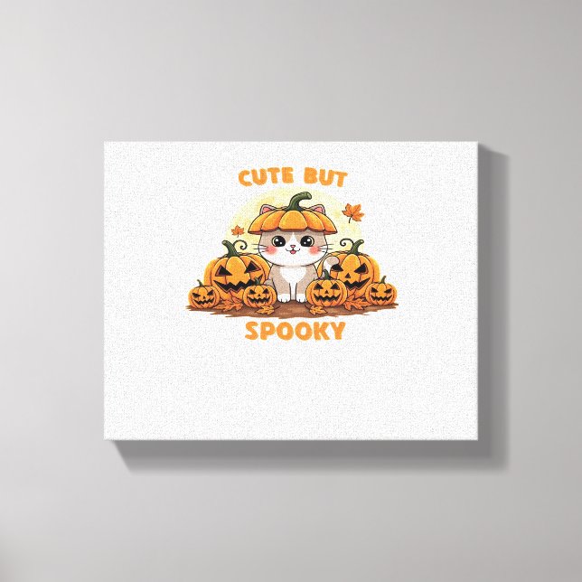 Cute Halloween Cat with Pumpkins - Kawaii Spooky F Canvastryck (Framsida)
