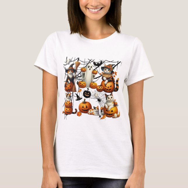 Cute Halloween Cats och Pumpkins T Shirt (Framsida)