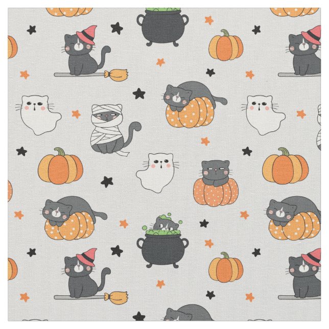 Cute Halloween Cats och Spöken Mönster Tyg (Närbild)