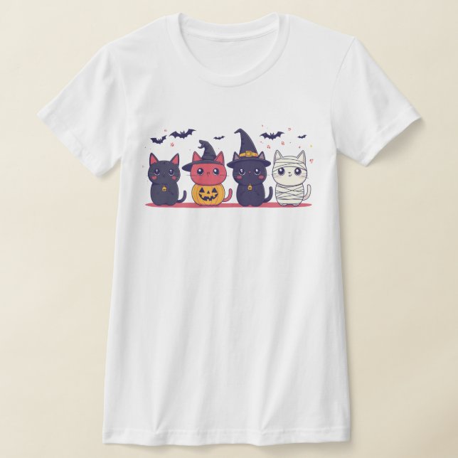 Cute Halloween Cats T-Shirt - Kawaii Witch, Pumpki (Laydown)