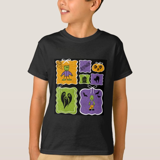 Cute Halloween Characters Frankenstein och Zombie T Shirt (Framsida)