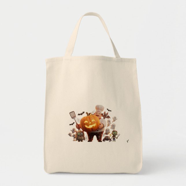 Cute Halloween Chef with Pumpkin & Ghosts Tygkasse (Framsidan)