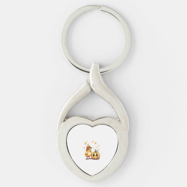 Cute Halloween Chick Pumpkin Twisted Heart Silverfärgad Nyckelring (Framsidan)